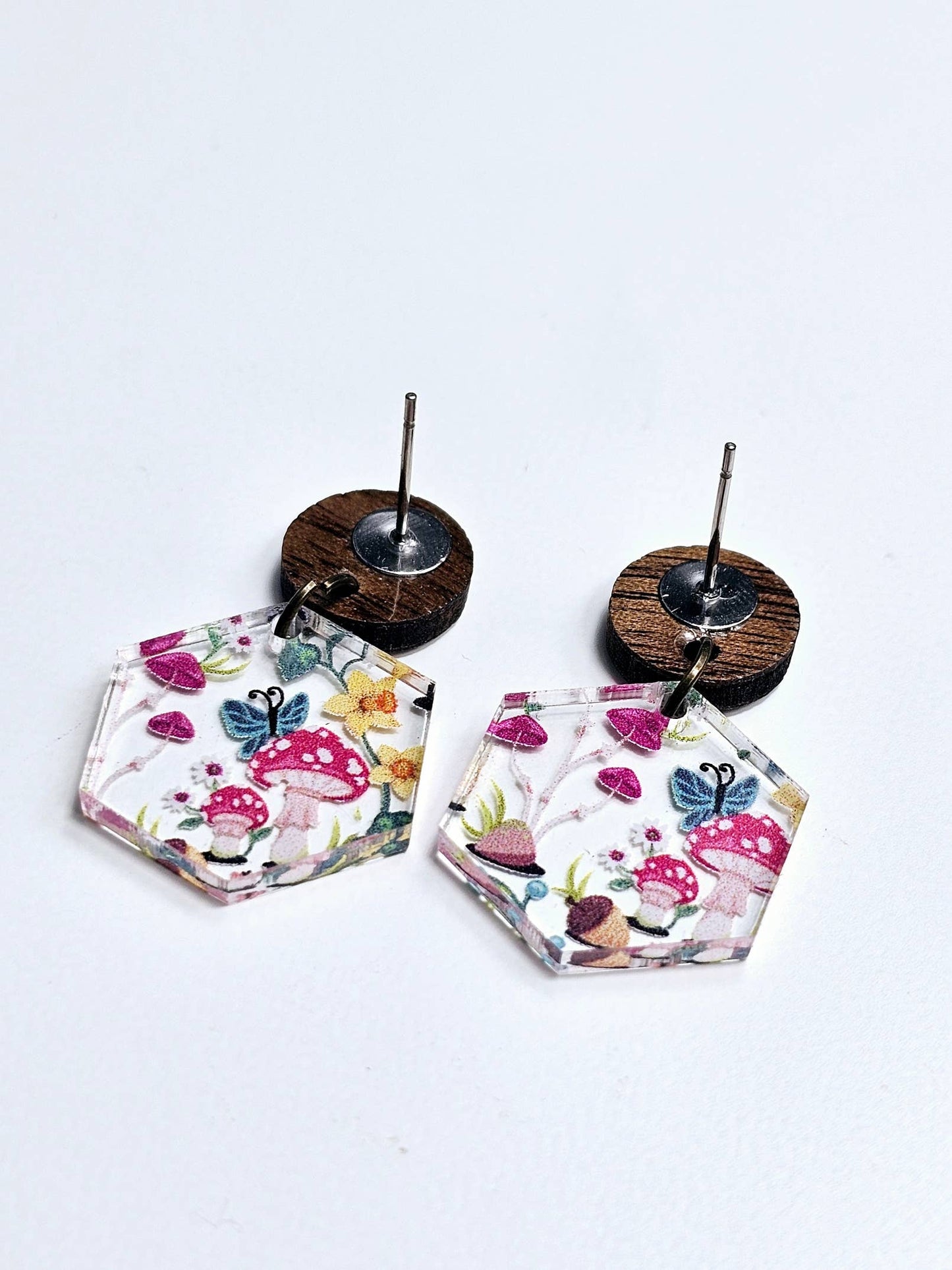 Mushroom Forest Earring Dangle with Wood Stud Topper