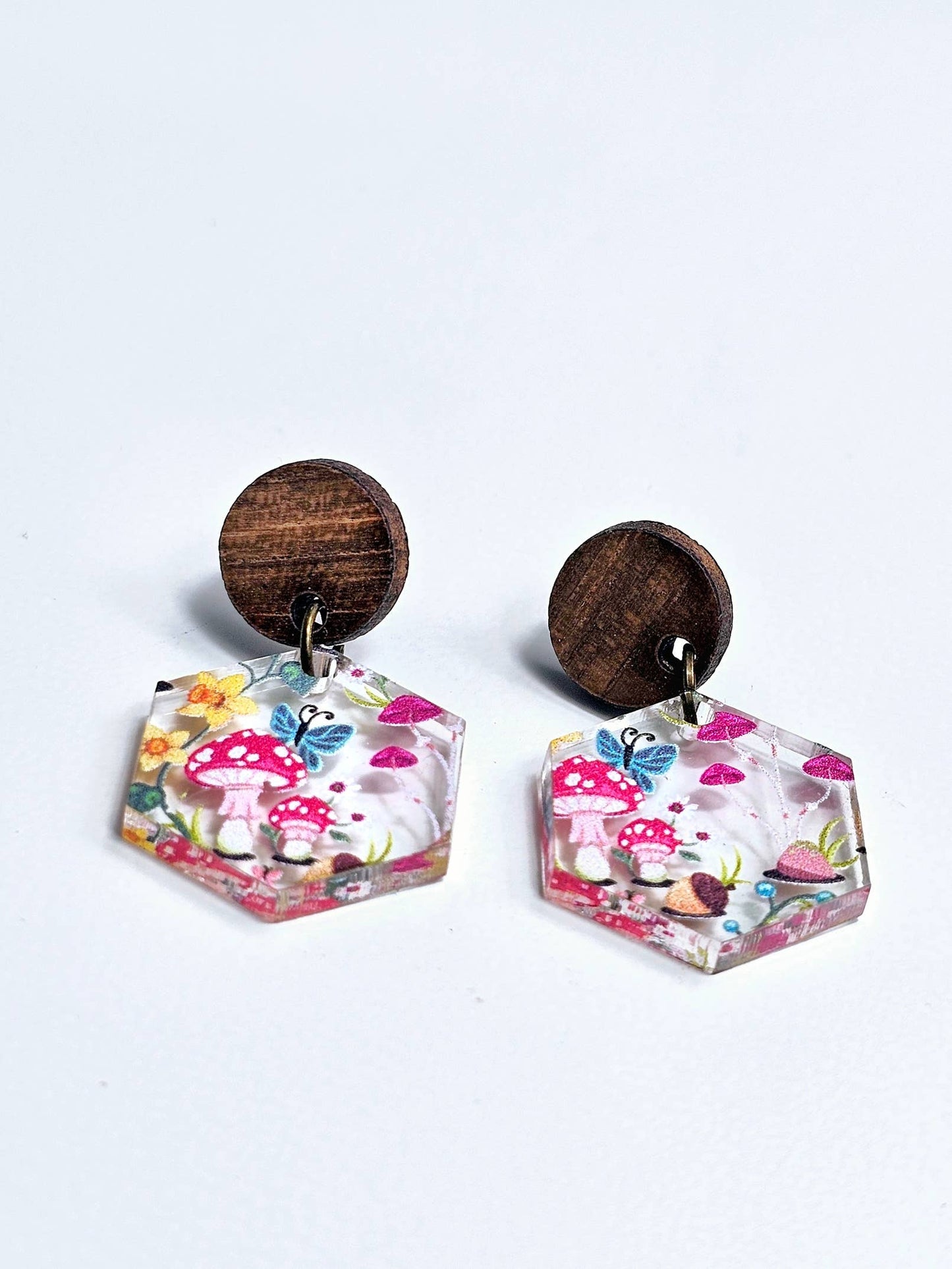 Mushroom Forest Earring Dangle with Wood Stud Topper