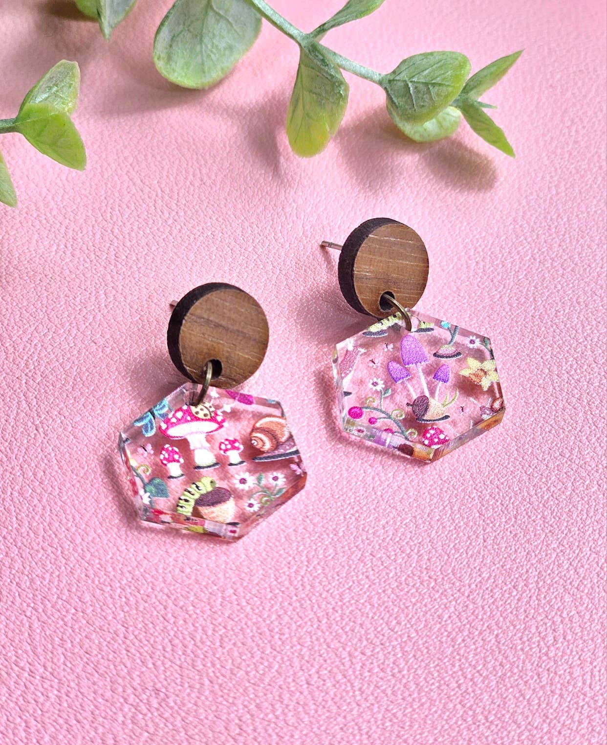 Mushroom Forest Earring Dangle with Wood Stud Topper