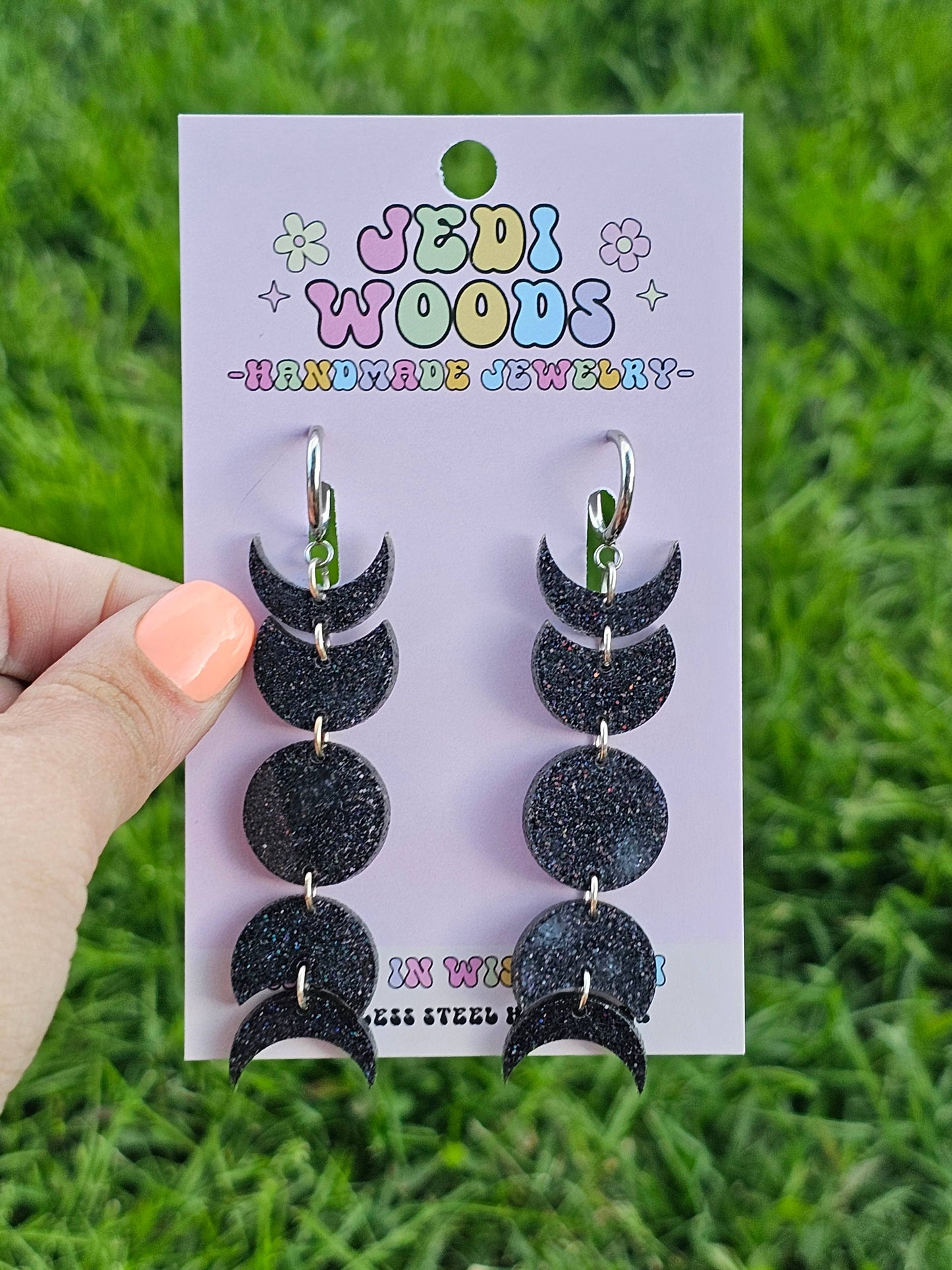 Black Glitter Moon Phase Earrings - Gauge Friendly Huggies