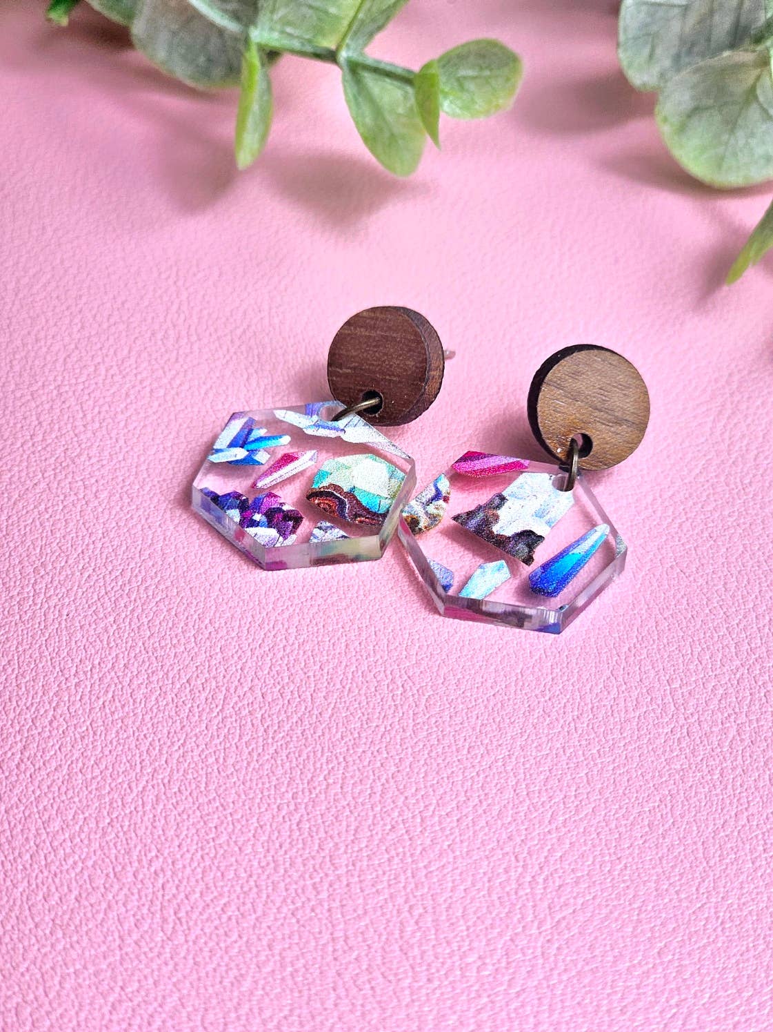 Clear Crystal Earrings with Wooden Stud Toppers