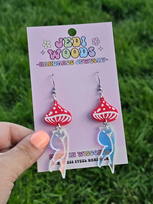Mushroom Lady Earrings with Red and Irredescent Acrylic
