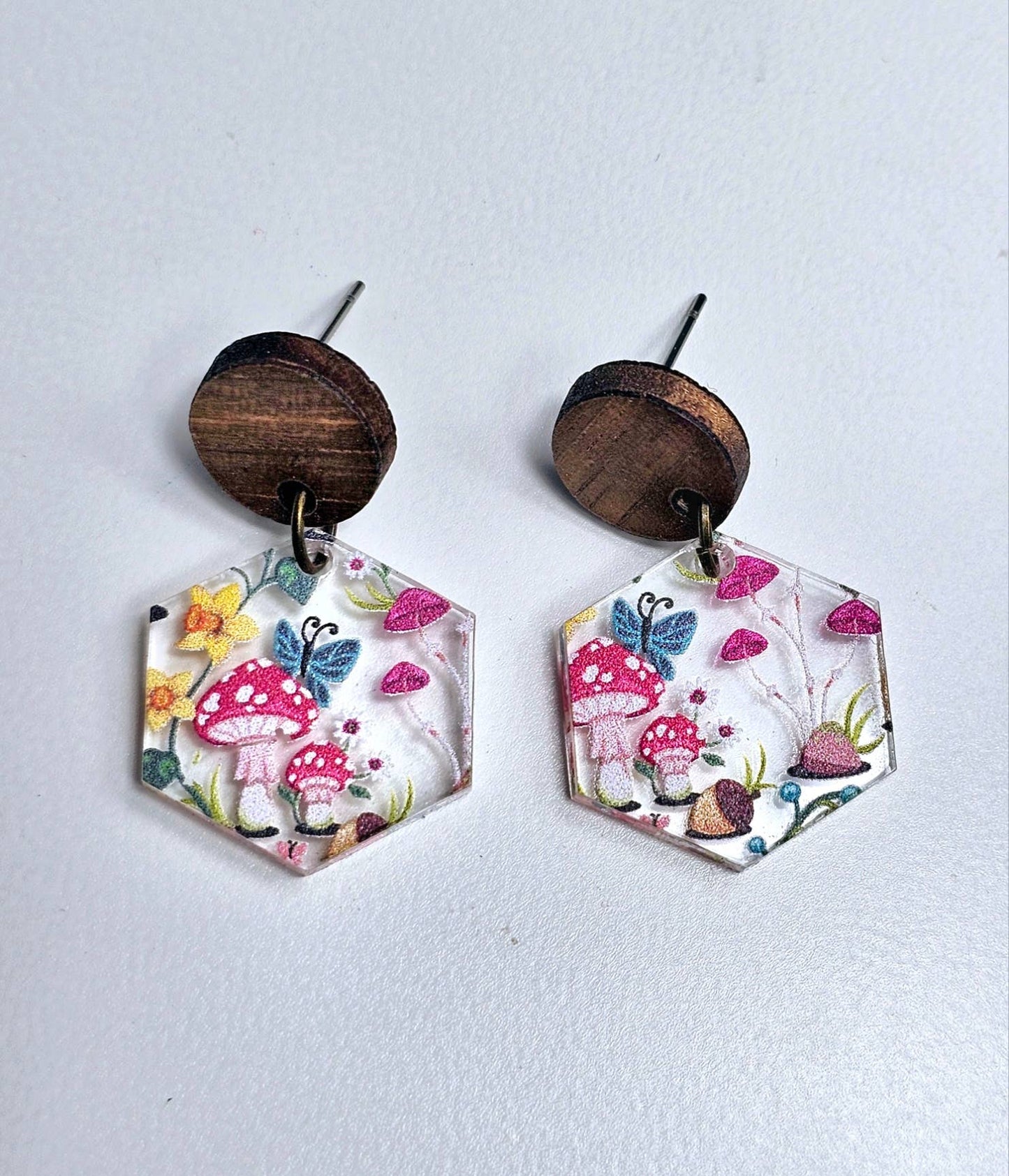 Mushroom Forest Earring Dangle with Wood Stud Topper