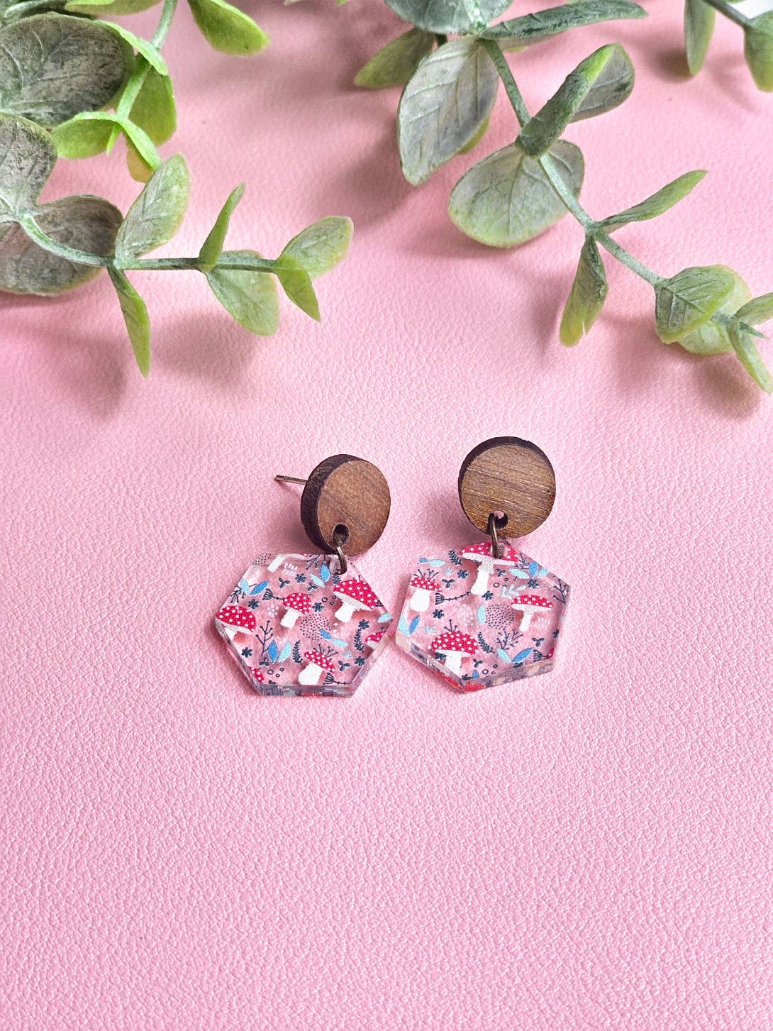 Red Mushroom Small Dangle Earrings with Wood Stud Topper