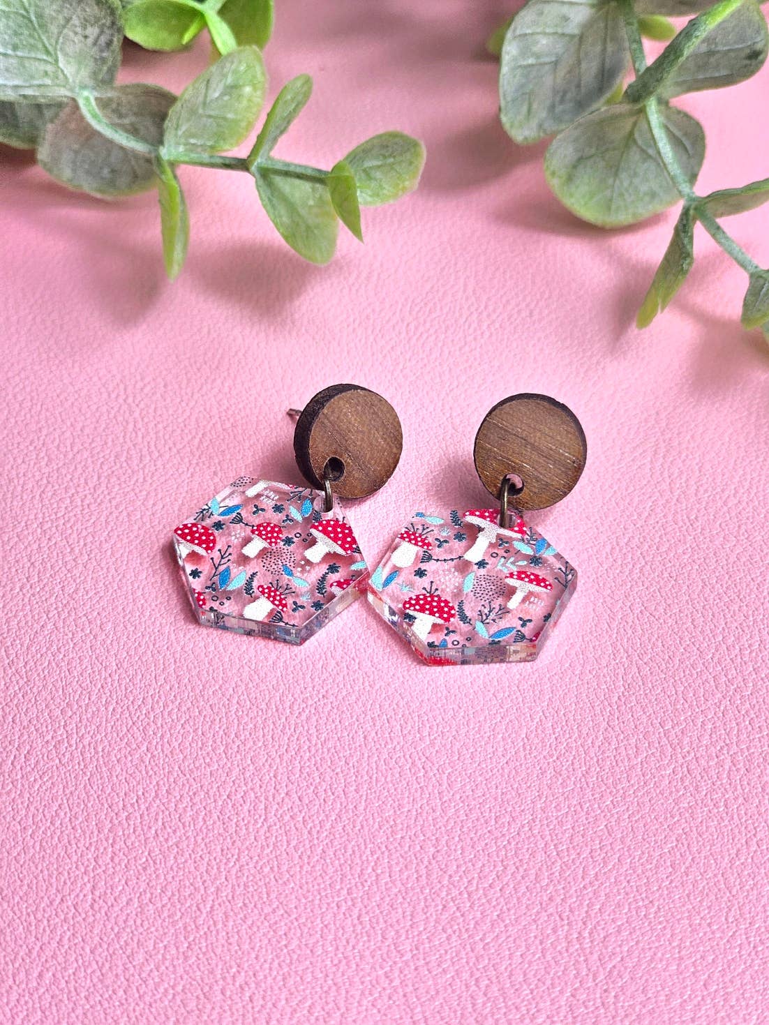 Red Mushroom Small Dangle Earrings with Wood Stud Topper