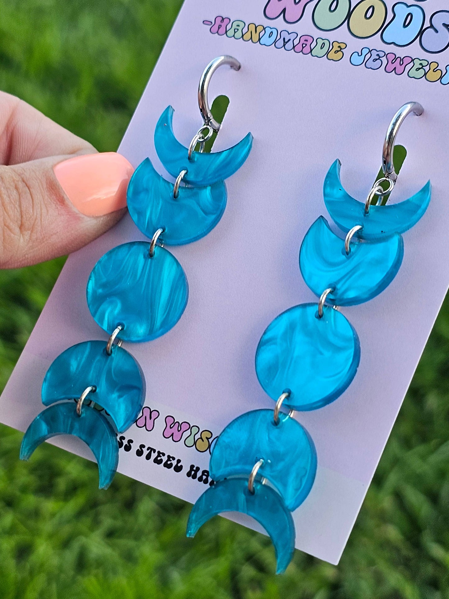Silky Blue Moon Phase Earrings with Gauge Friendly Hardware