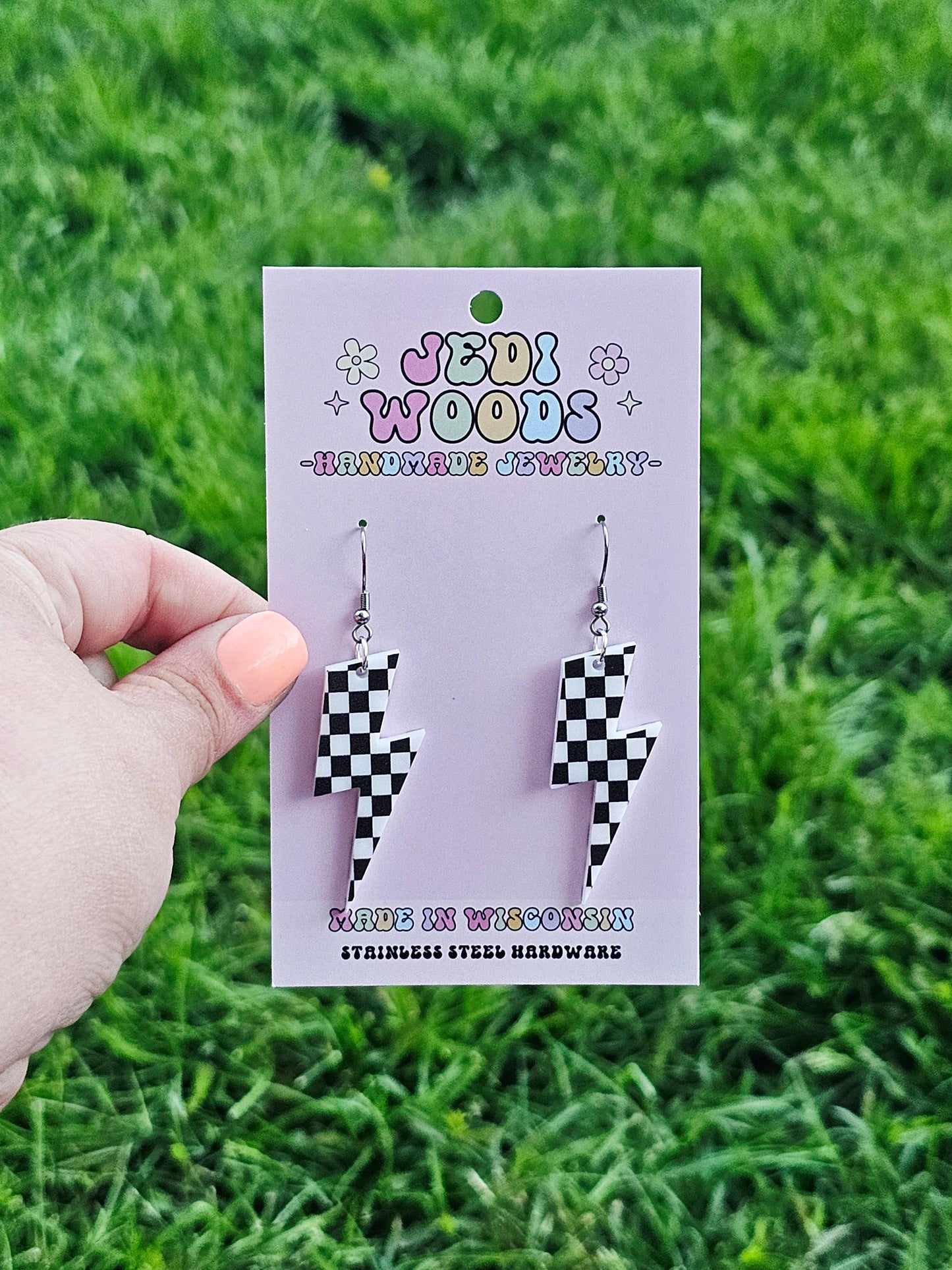 Checkered Flag Acrylic Lightening Bolt Earrings