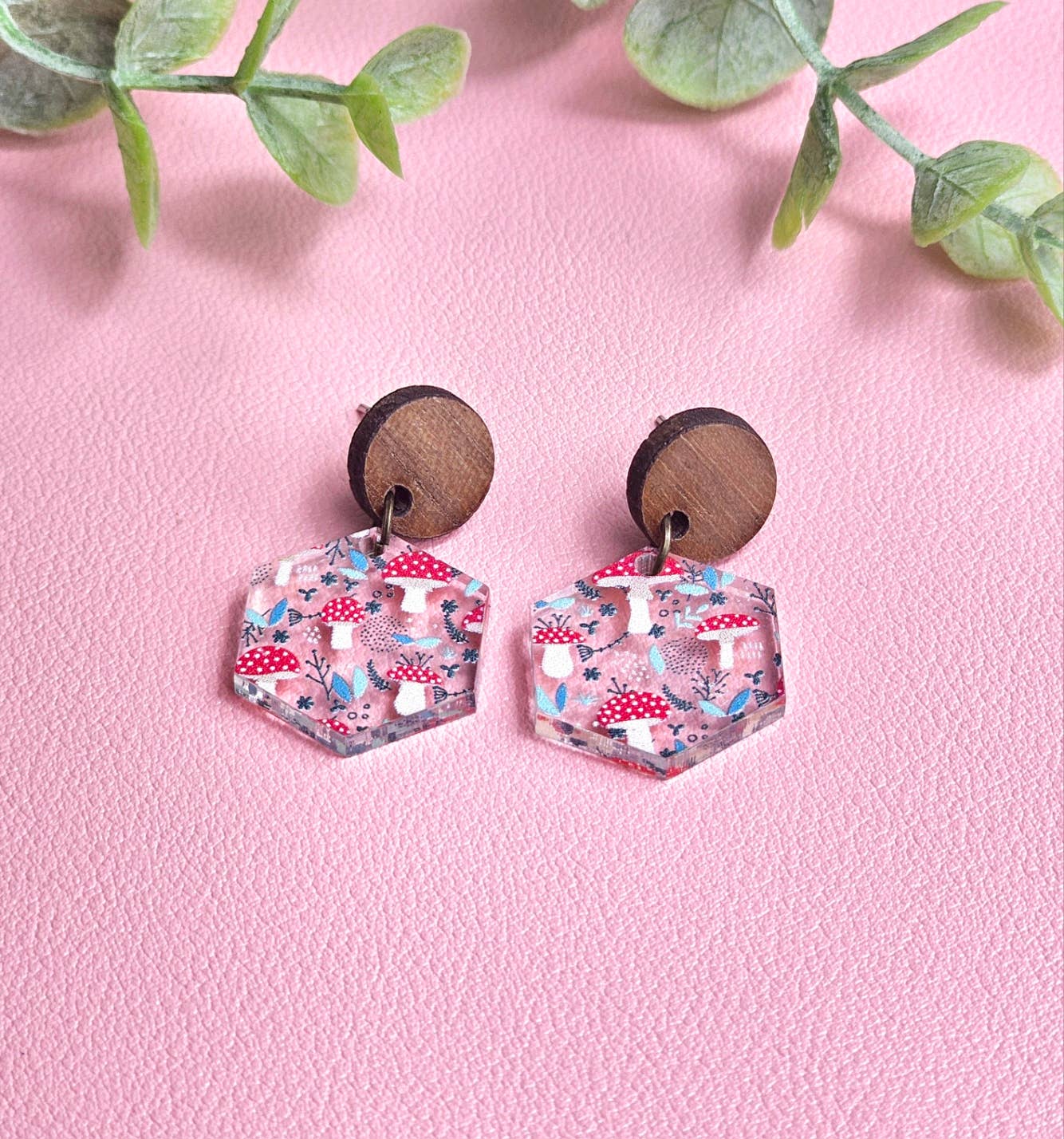 Red Mushroom Small Dangle Earrings with Wood Stud Topper