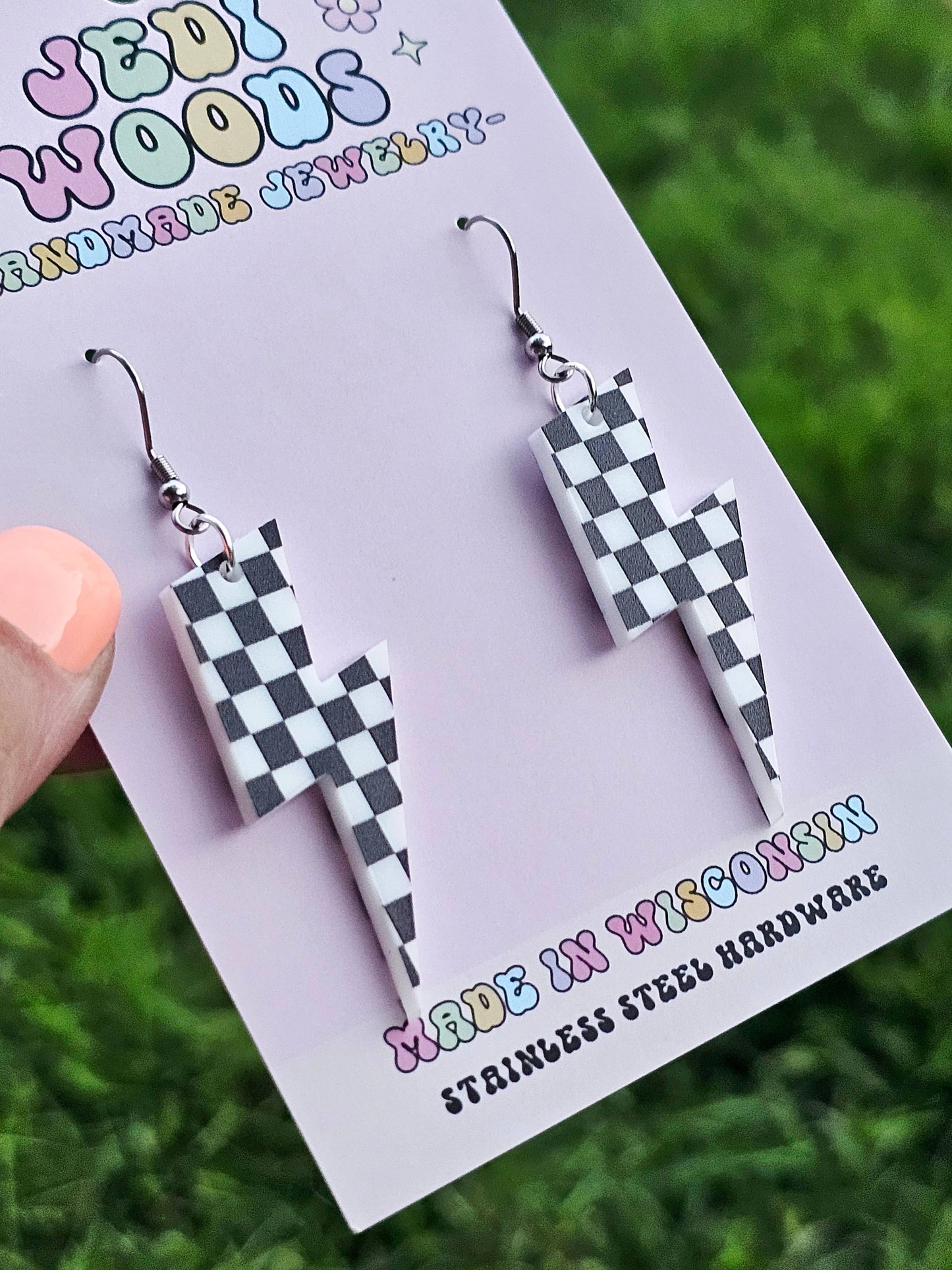 Checkered Flag Acrylic Lightening Bolt Earrings