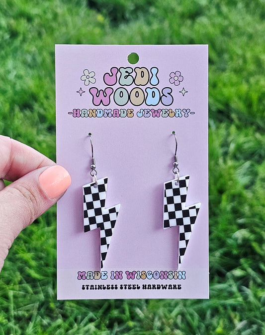 Checkered Flag Acrylic Lightening Bolt Earrings