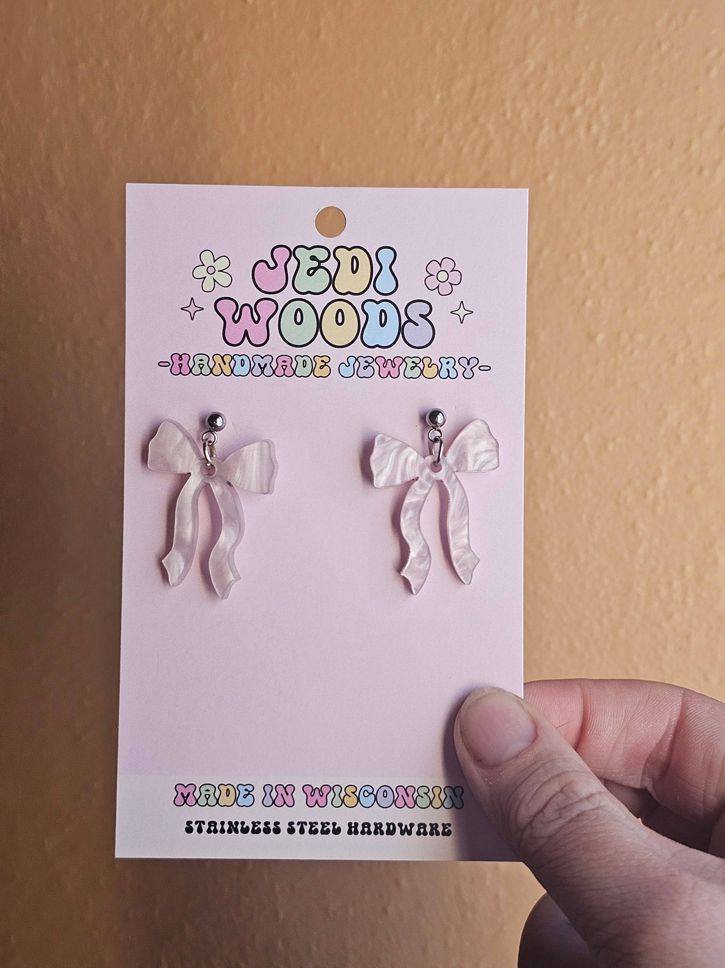 Light Swirly Pink Bow Earrings with Silver Stud Topper