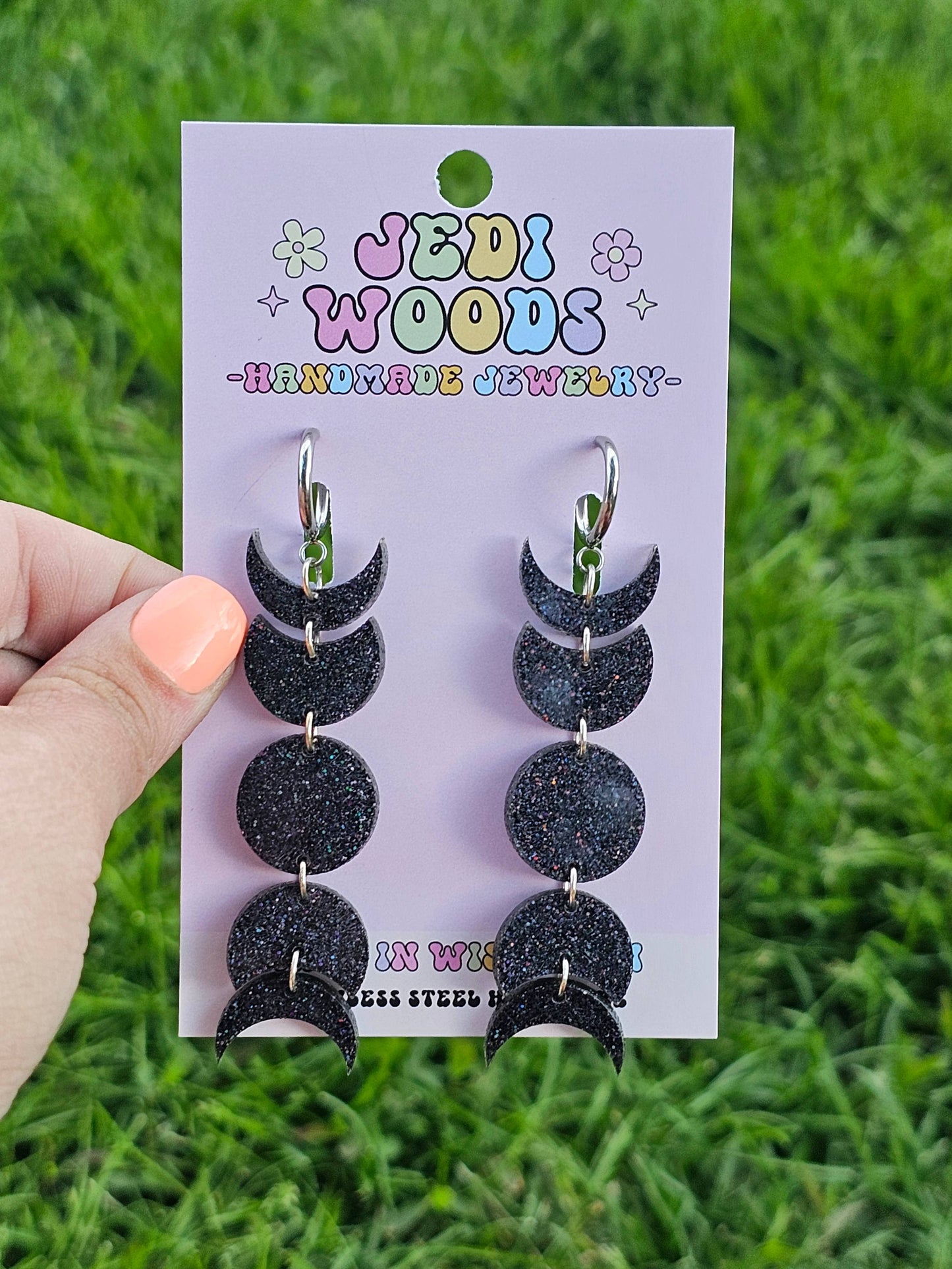 Black Glitter Moon Phase Earrings - Gauge Friendly Huggies