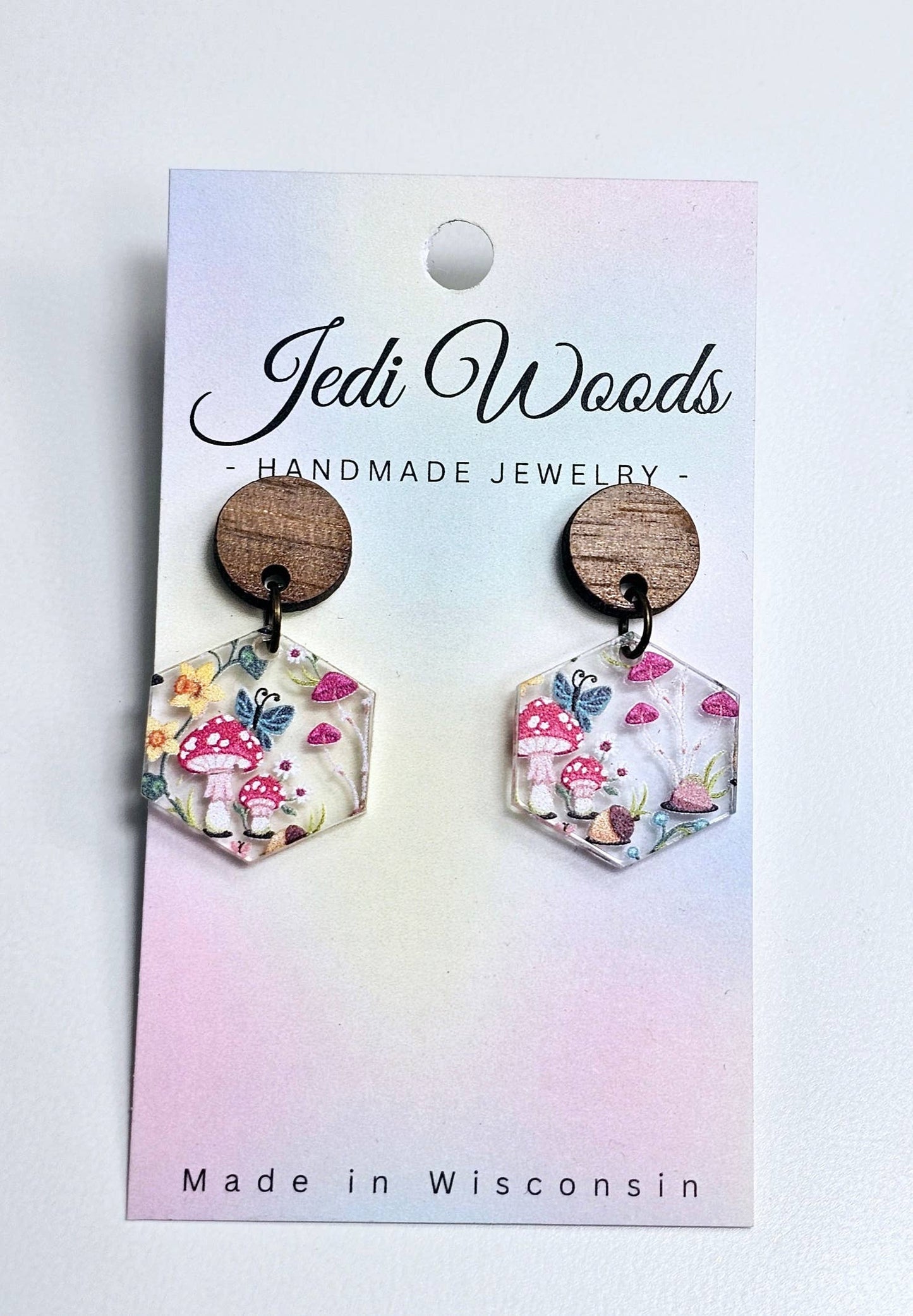 Mushroom Forest Earring Dangle with Wood Stud Topper