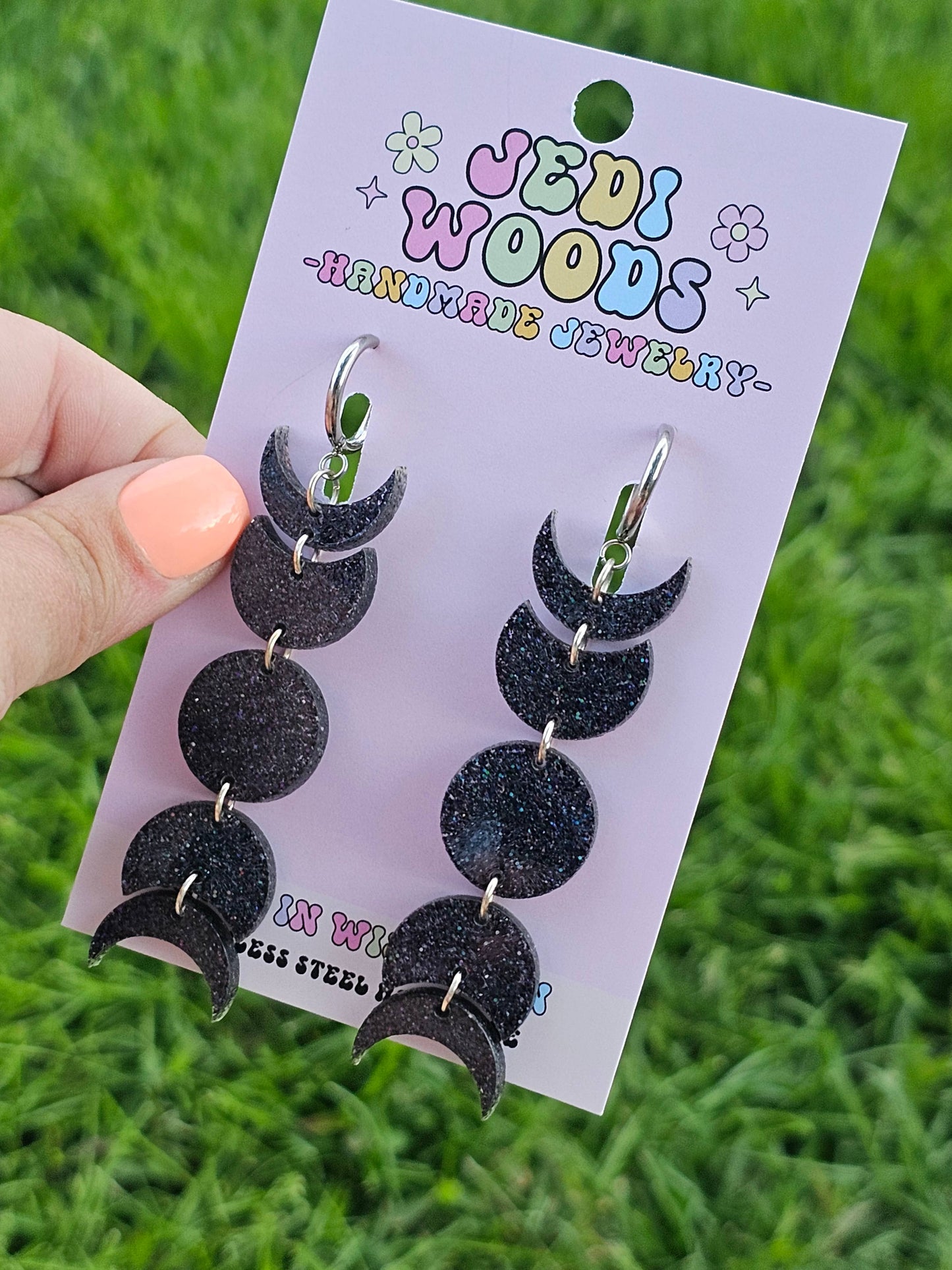 Black Glitter Moon Phase Earrings - Gauge Friendly Huggies