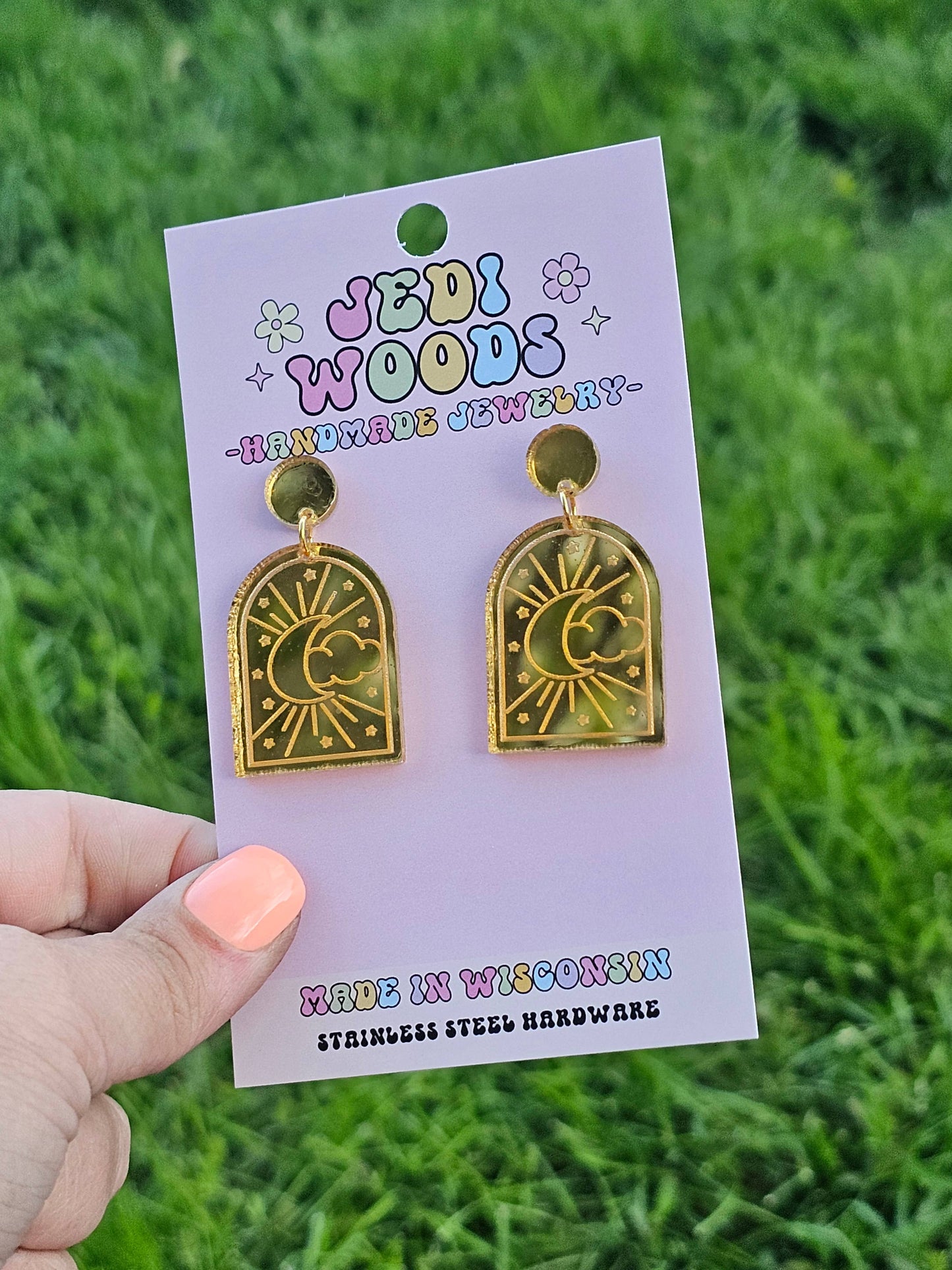Celestial Golden Tarot Style Moon and Cloud Earrings